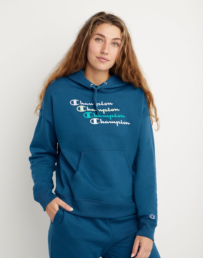 Champion Powerblend Fleece Relaxed Stacked Scripts Logo Hoodie Dames - Blauw - Belgie 1683XHDCJ